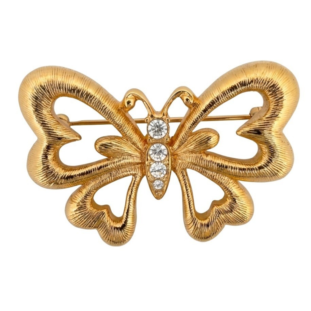Vintage Monet Butterfly Brooch Gold Tone Heart Cutout Wings Clear Rhinestones
